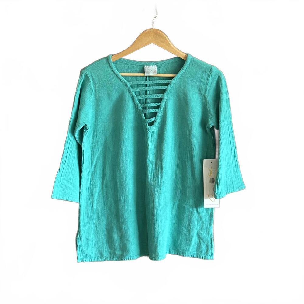 NWT Cecilia Nathal Womens Tunic Top Sz Medium Turquoise Cut Out 3/4 Sleeve Boho